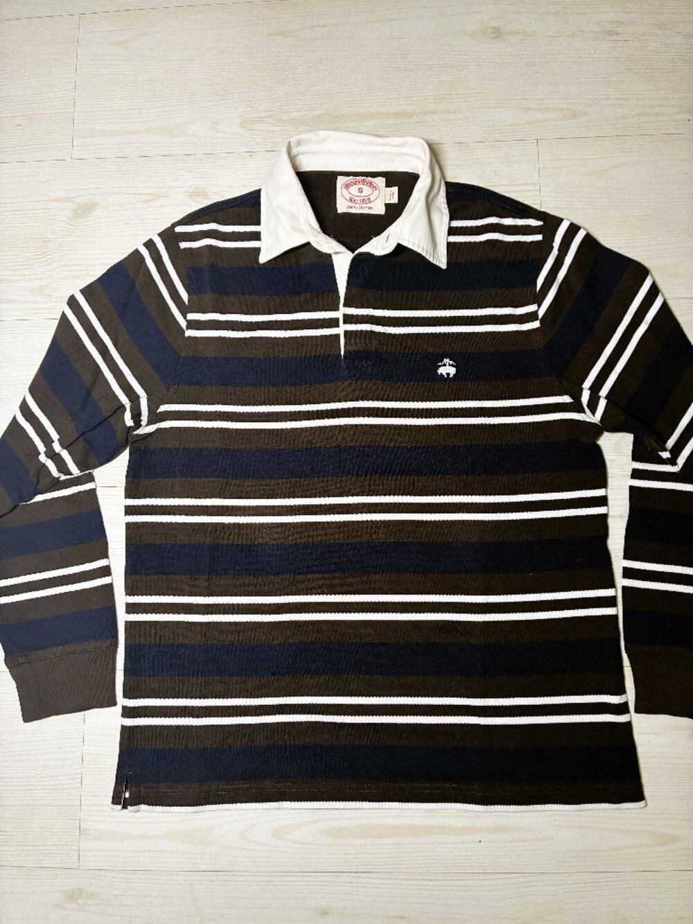 Brooks Brothers Men’s Rugby Shirt Size S Striped Long Sleeve Brown Navy Cotton